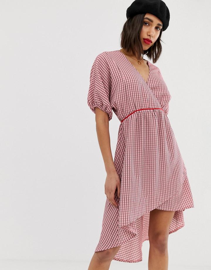 Lost Ink V Neck Dress With Kimono Sleeves In Check-pink