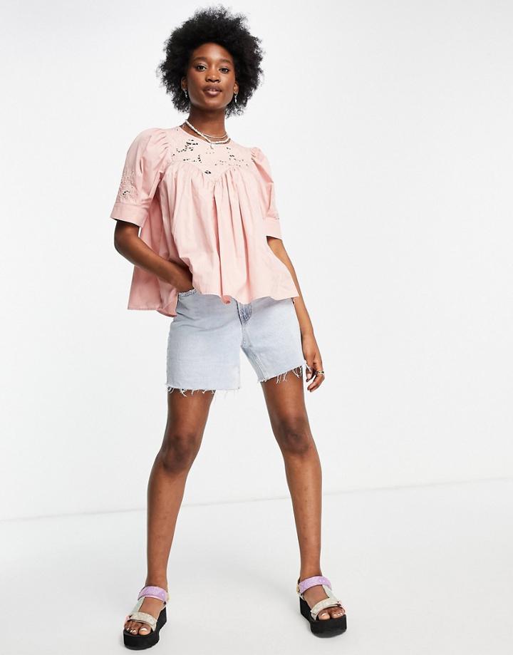 Asos Design Short Sleeve Cotton Top With Floral Cutwork In Dusty Pink