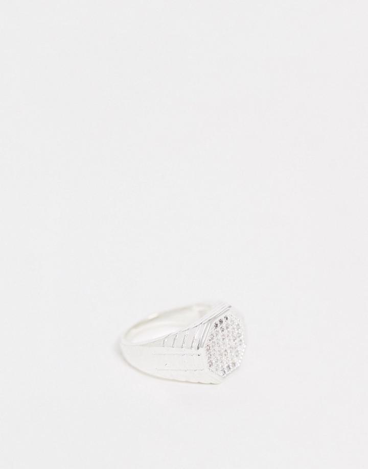 Asos Design Signet Ring With Crystal Detail-silver