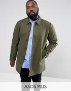 Asos Plus Shower Resistant Single Breasted Trench Coat In Khaki - Green