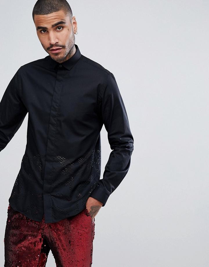 Noose & Monkey Skinny Laser Cut Shirt - Black