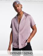 Asos Design Relaxed Deep Camp Collar Satin Shirt In Dusty Pink