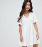 Asos Design Petite Mini V Neck Smock Dress With Frill Cuff - White