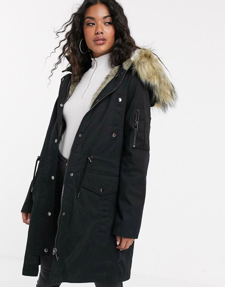 Asos Design Parka With Detachable Faux Fur Liner-black