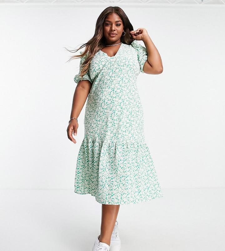 Fashion Union Plus Maxi Tea Dress In Green Floral With Ruffle Sleeves