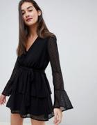 Influence Tier Skirt Dress With Bell Sleeve In Dobby Print - Black