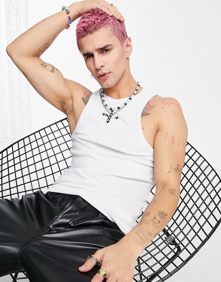 Asos Design Muscle Tank Top In White Rib With Text Chest Print