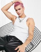 Asos Design Muscle Tank Top In White Rib With Text Chest Print