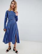 Asos Design Midi Dress In Cut About Stripe With Long Sleeves-multi