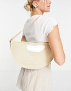 Svnx Half Moon Straw Shoulder Bag With Faux Shell Clasp In Cream-white