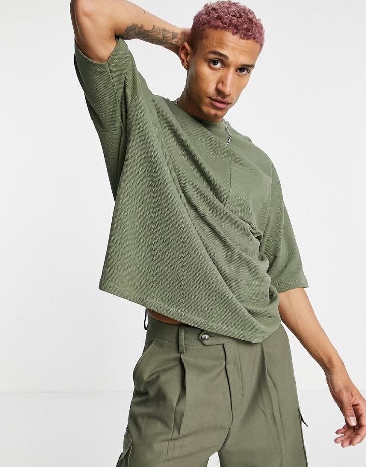 Asos Design Oversized T-shirt In Olive Heavyweight Textured Jersey-green