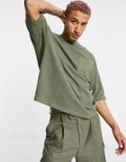 Asos Design Oversized T-shirt In Olive Heavyweight Textured Jersey-green