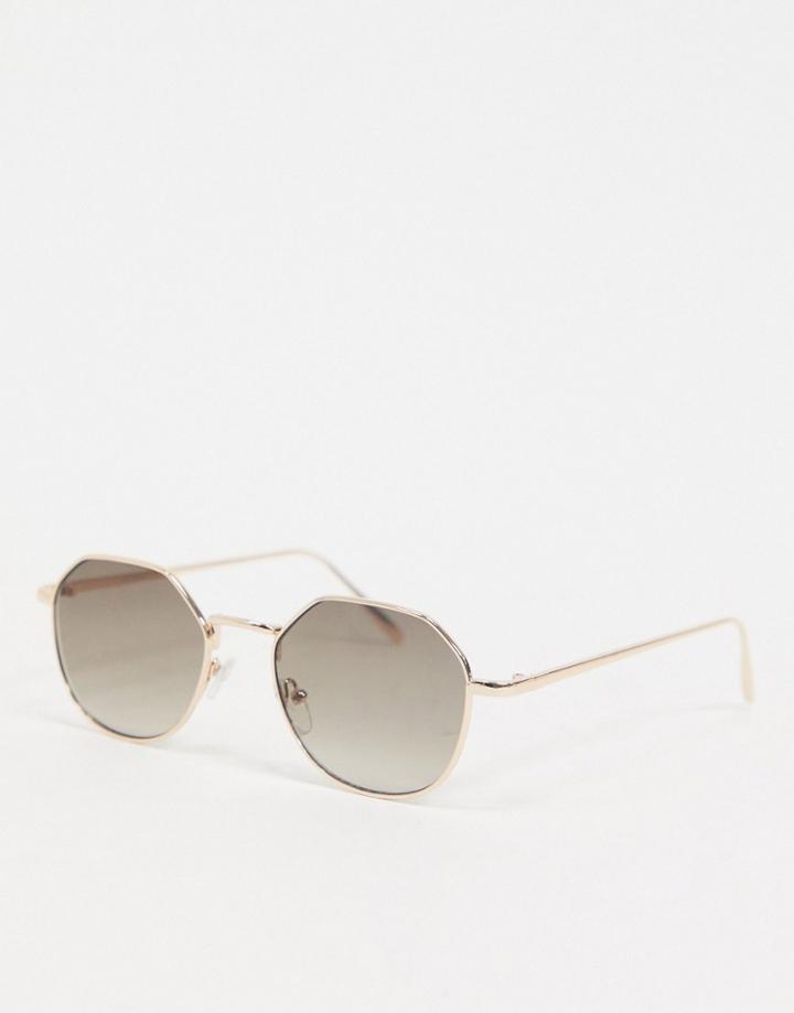 Asos Design Angled Round Sunglasses In Gold With Smoke Grad Lens