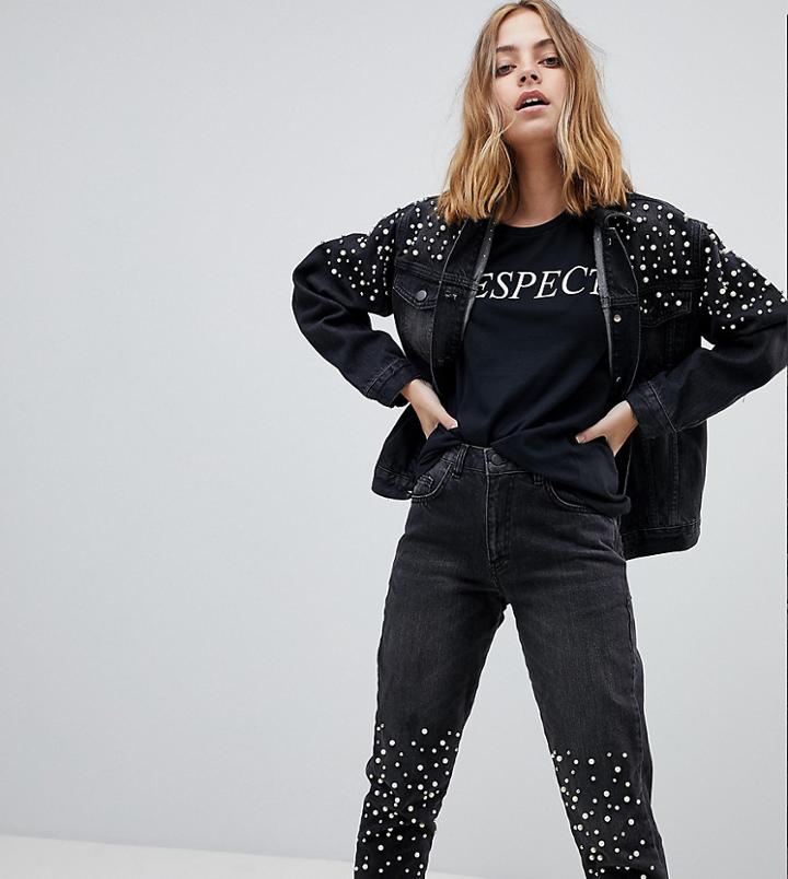 Chorus Petite Pearl Embellished Oversized Denim Jacket - Black