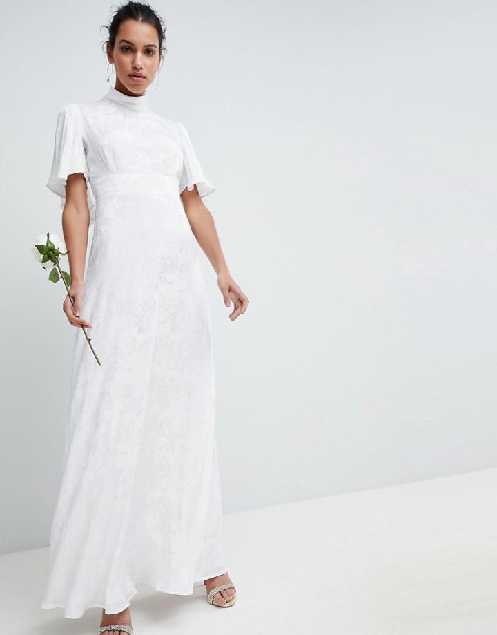 Asos Edition Wedding Maxi Dress In Soft Jacquard With Flutter Sleeve - White