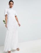 Asos Edition Wedding Maxi Dress In Soft Jacquard With Flutter Sleeve - White