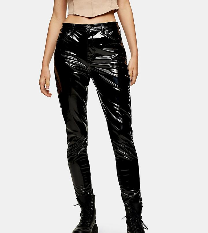 Topshop Tall Vinyl Jamie Jeans In Black