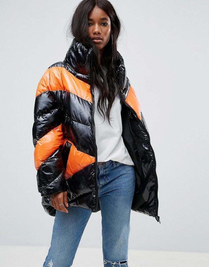 Asos High Shine Puffer Jacket In Color Block - Multi
