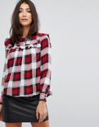 Influence Check Top With Ruffle Front - Red