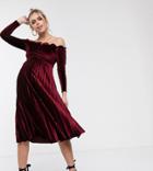 Asos Design Maternity Scallop Top Midi Dress Velvet-red