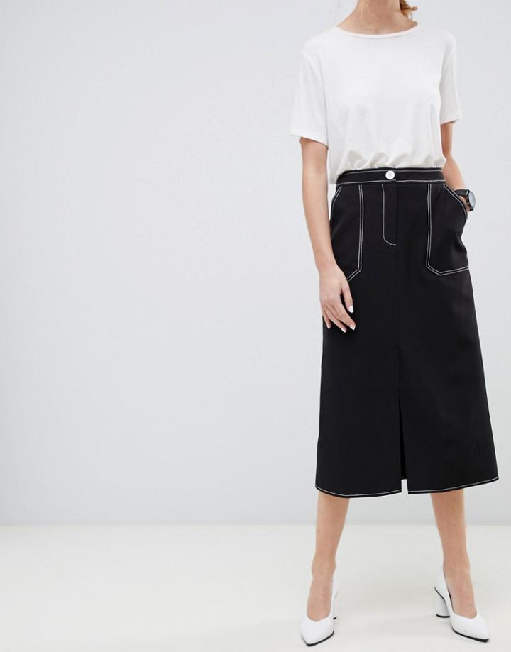 Asos Design Contrast Stitch Midi Skirt-black