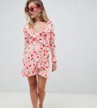 Asos Design Petite Wrap Dress With Frill Detail In Cherry Print