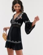 Asos Design Lace Insert Mini Dress With Embroidery - Black