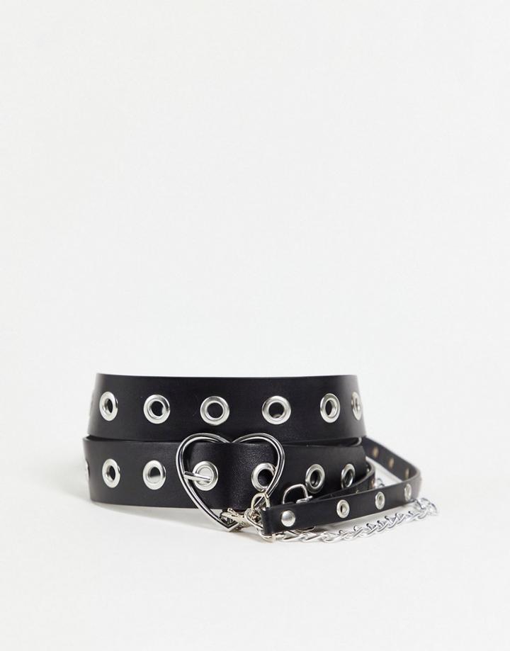 Glamorous Chain And Eyelet Heart Belt With Silver Hardware-black