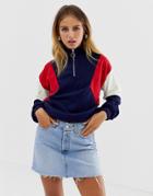 New Look Half Zip Sweat In Color Block Fleece - Blue