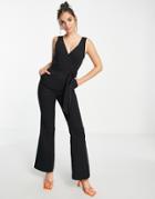 Asos Design Twill Wrap Front Split Hem Flare Jumpsuit In Black
