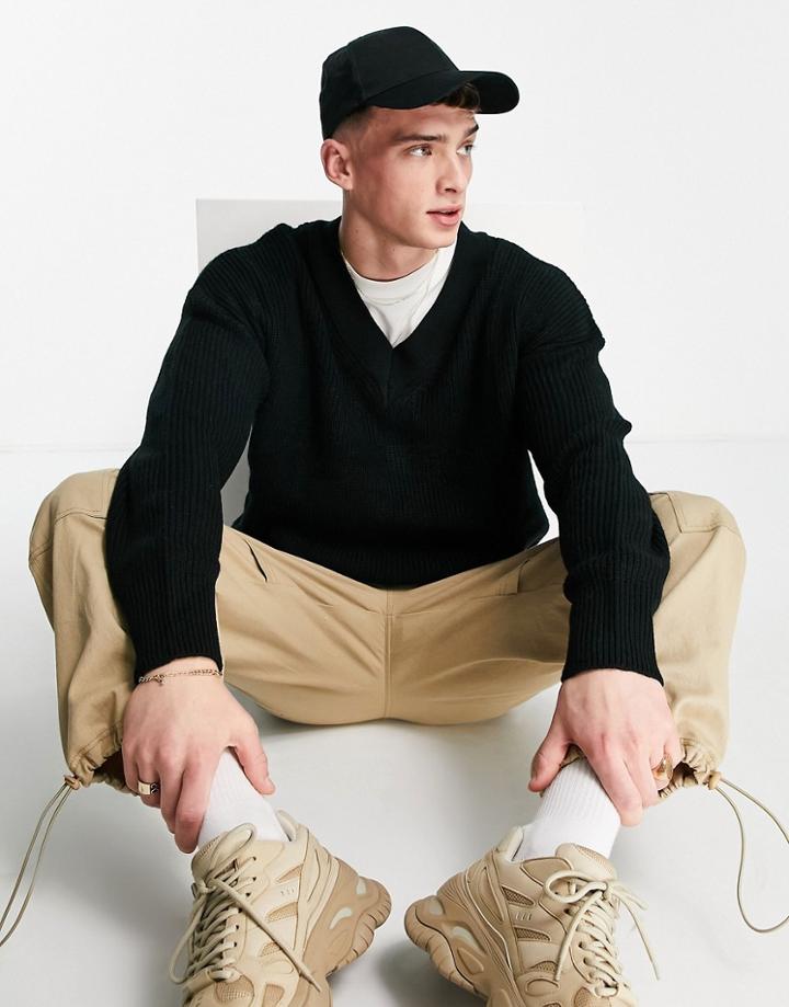 Bershka Knit V Neck Sweater In Black