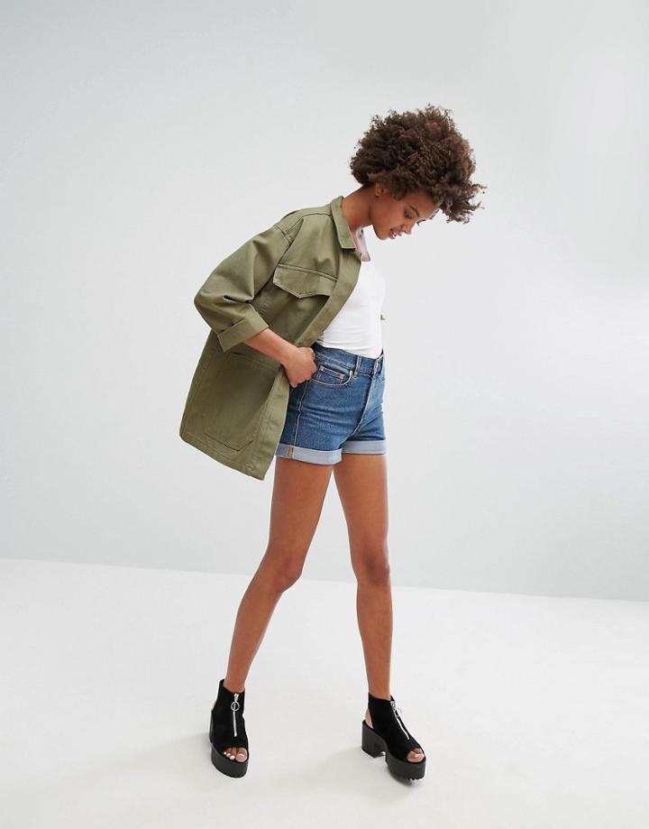 Monki High Waisted Mom Denim Shorts - Blue