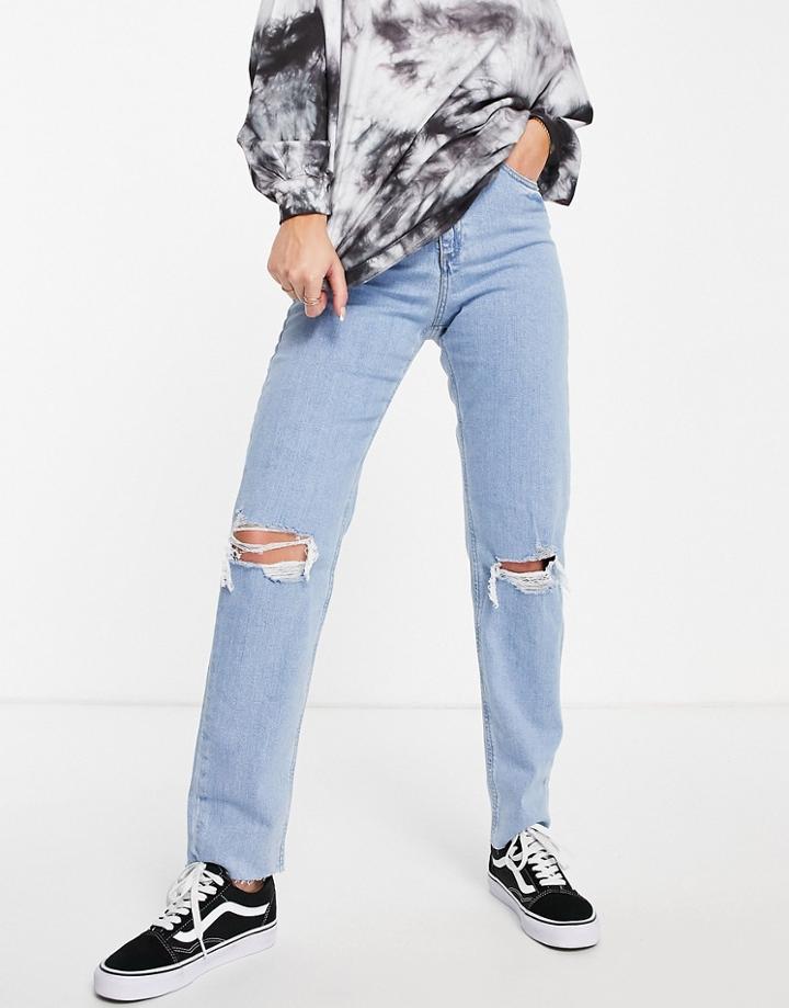 Asos Design High Rise Farleigh 'slim' Mom Jeans In Lightwash With Rips-blues