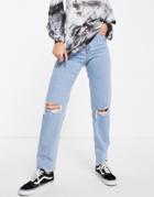 Asos Design High Rise Farleigh 'slim' Mom Jeans In Lightwash With Rips-blues