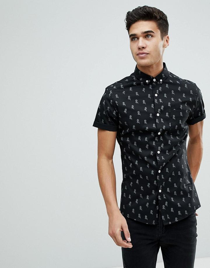 Asos Skinny Fit Cvc Rose Print Shirt - Black