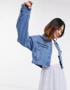 Asos Design Denim Shrunken Trucker Jacket In Blue-blues