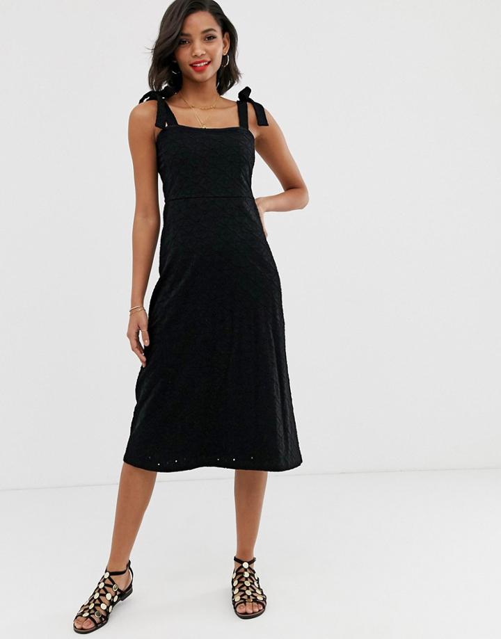 Asos Design Tie Strap Clean Broderie Midi Sundress-black