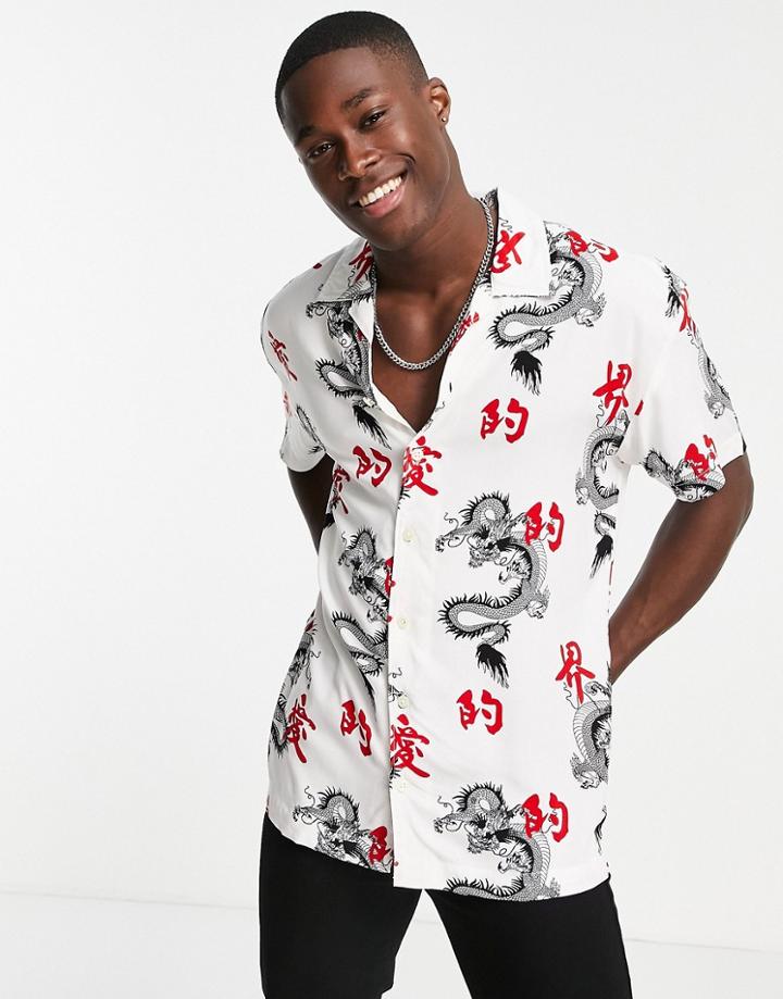 Jack & Jones Originals Viscose Shirt With Revere Collar In White Dragon Print