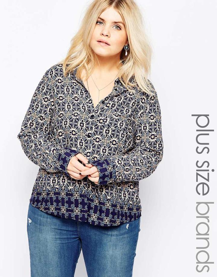 Brave Soul Plus Shirt In Jewel Print - Navy