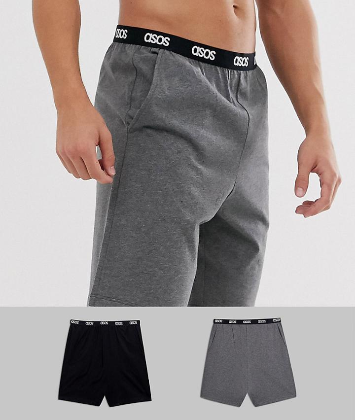 Asos Design 2 Pack Lounge Short In Black And Charocal Marl With Branded Waistband Save-multi