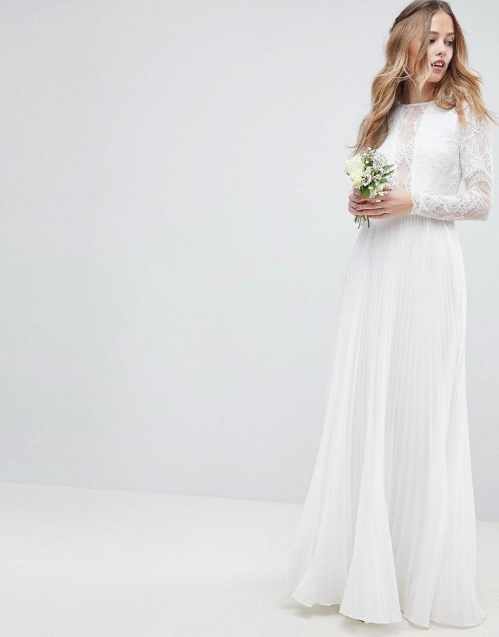 Asos Edition Long Sleeve Lace Bodice Maxi Wedding Dress With Pleated Skirt-cream