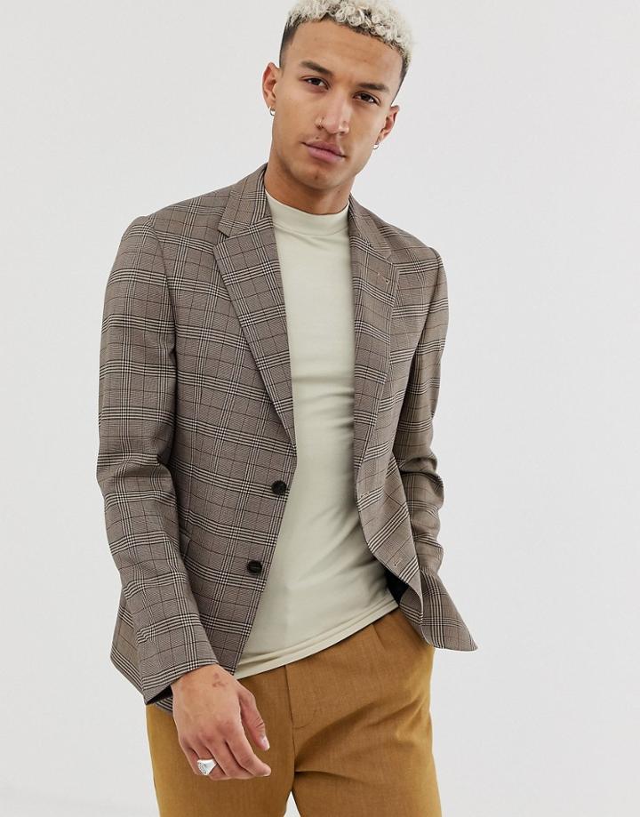 Asos Design Unstructured Slim Blazer In Brown Check - Brown