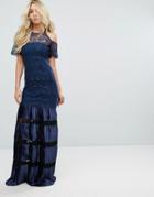 Bodyfrock Cold Shoulder Lace Maxi Dress With Pleated Skirt - Navy