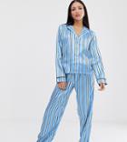 Asos Design Tall Satin Stripe Pants Set-blue