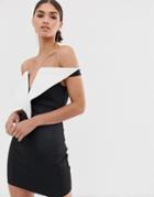 Asos Design V Front Mini Mono Detail Mini Dress-black