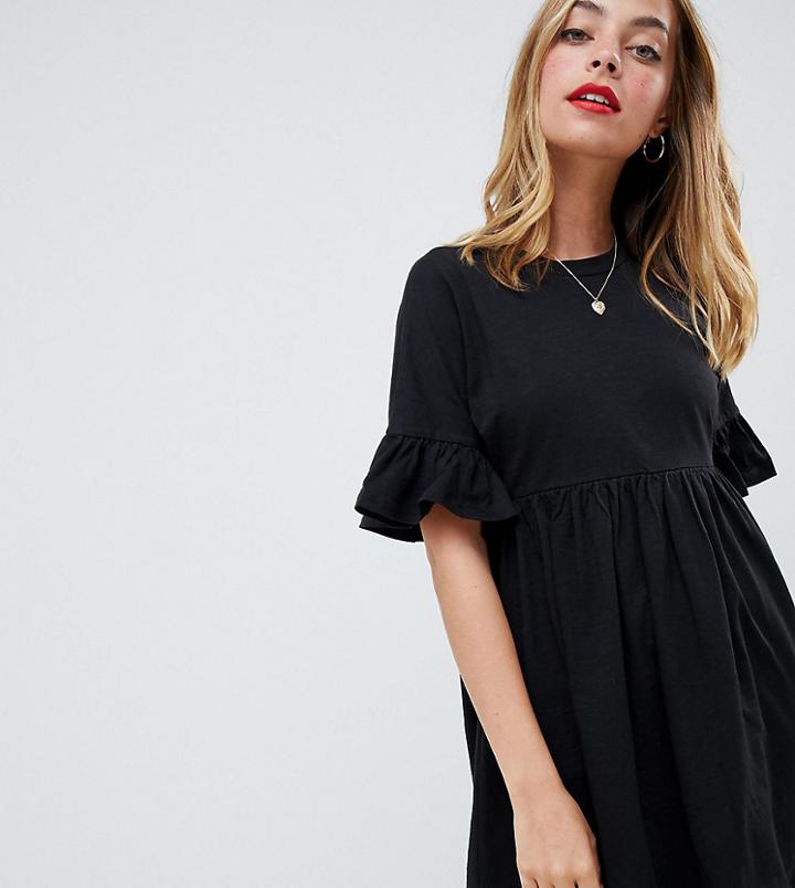 Asos Design Petite Cotton Slubby Frill Sleeve Smock Dress-black