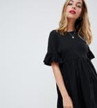 Asos Design Petite Cotton Slubby Frill Sleeve Smock Dress-black
