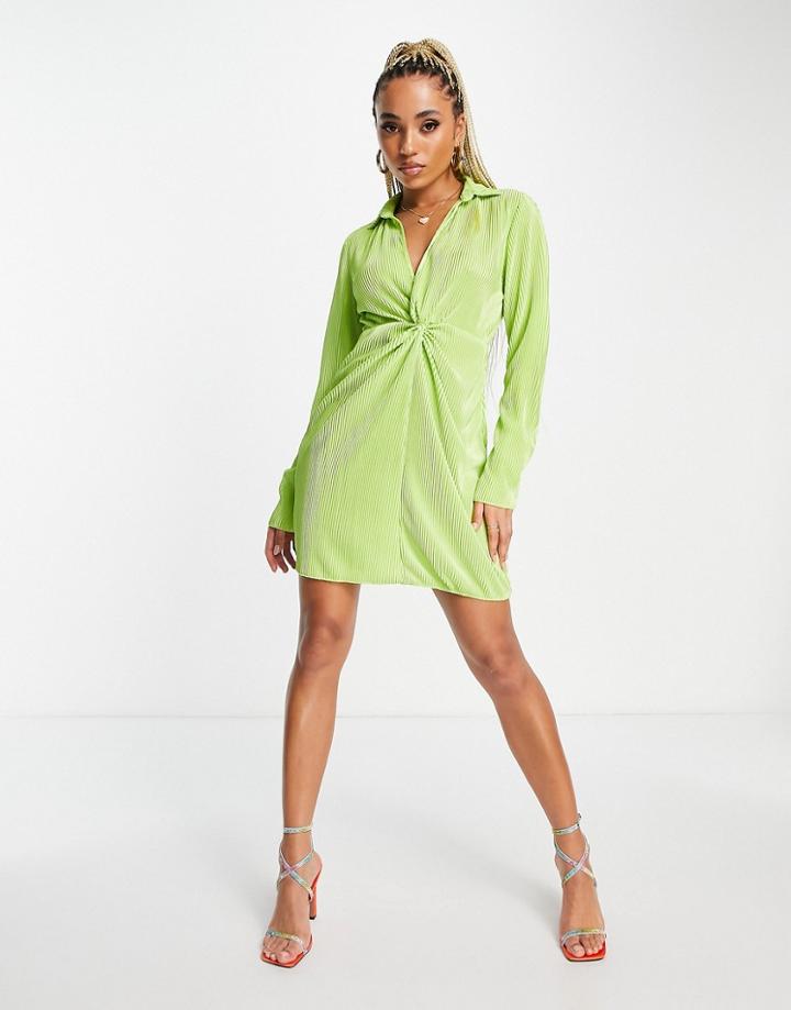 Naanaa Plisse Twist Front Mini Dress In Green