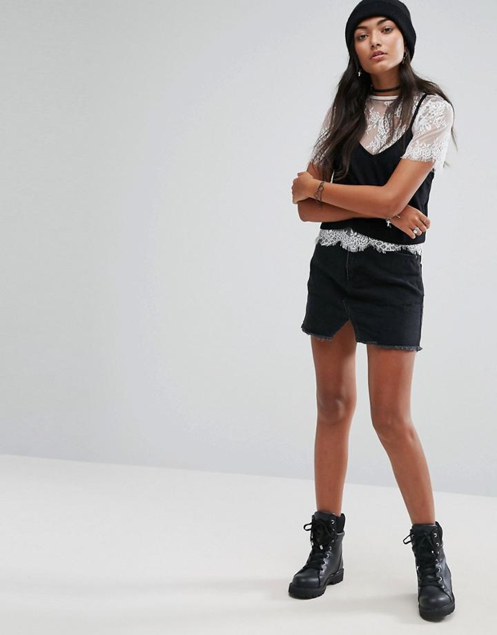 Pull & Bear Frayed Mini Denim Skirt - Black