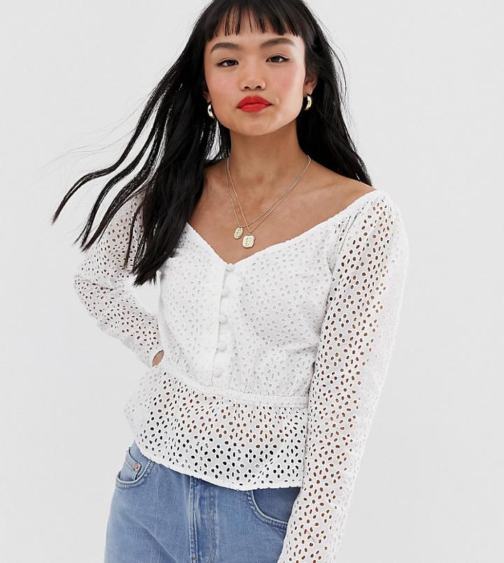 Miss Selfridge Petite Broderie Top With Peplum In White - White